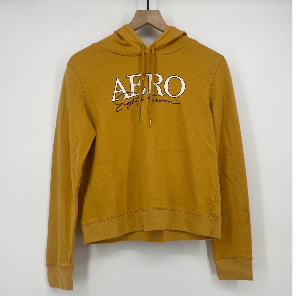 Aeropostale Hoodie Medium Mustard Yellow Aero Eighty Seven Graphic Excellent